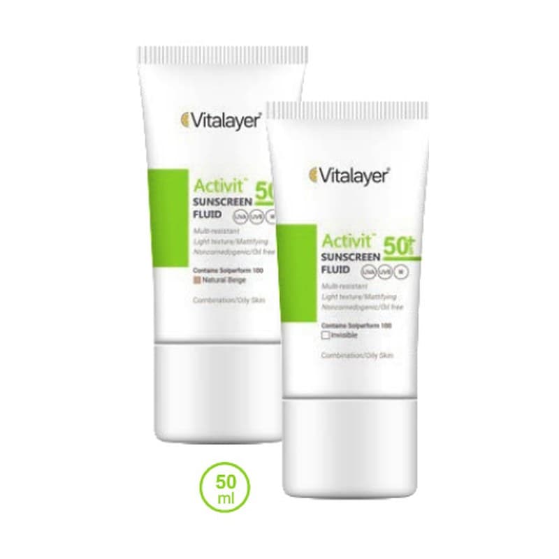فلوئید ضد آفتاب ویتالیر مدل اکتی ویت رنگ بژ طبیعی پوست چرب SPF50